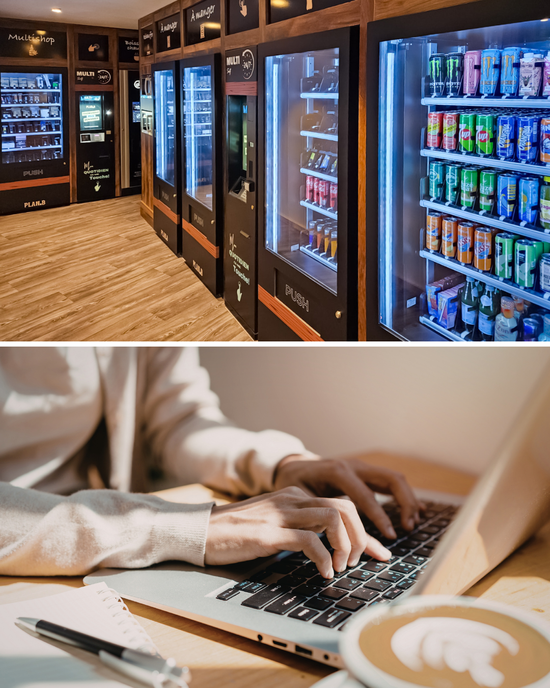 magasin automatique avec produits dans le distributeur. dans l'image du dessous , personne qui tape sur le clavier de son ordinateur avec une tasse de capuccino